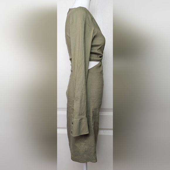 ZARA SEXY LINEN BLEND SHORT DRESS LONG SLEEVE OLIVE GREEN CUT OUT MINI XS - Picture 5 of 16